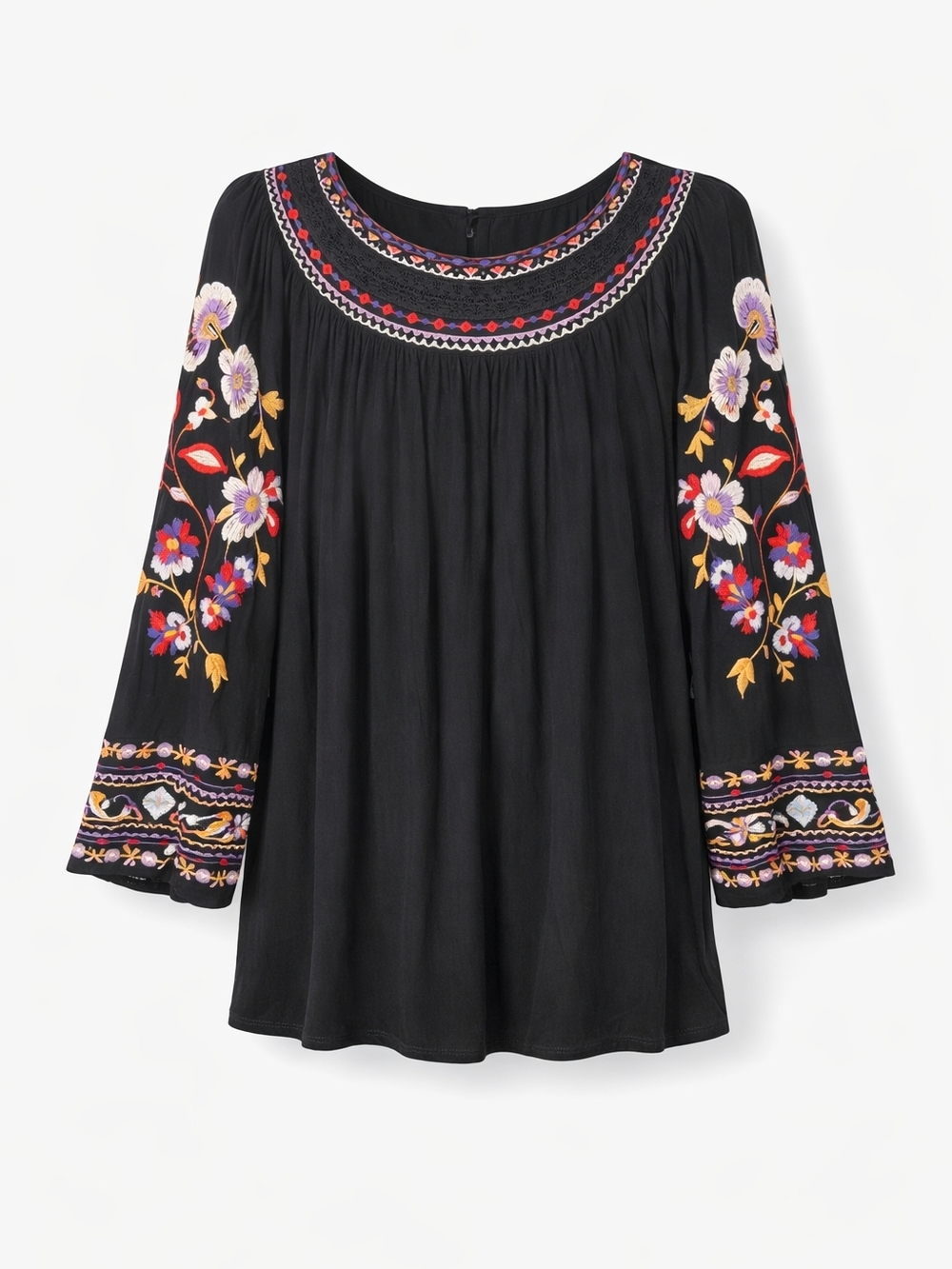 Anthropologie Black Embroidered Boho Tunic with Multicolor Floral Sleeves - XL